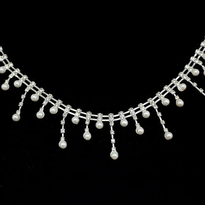 FQTANJU 1 Yard Rhinestone Pearl Tassel Fringe Trim Ribbon, Inlaid Pearl Beaded Crystal Close Chain Applique Bridal Embellishments for Sewing Crafts Wedding Party Clothing DIY Decoration