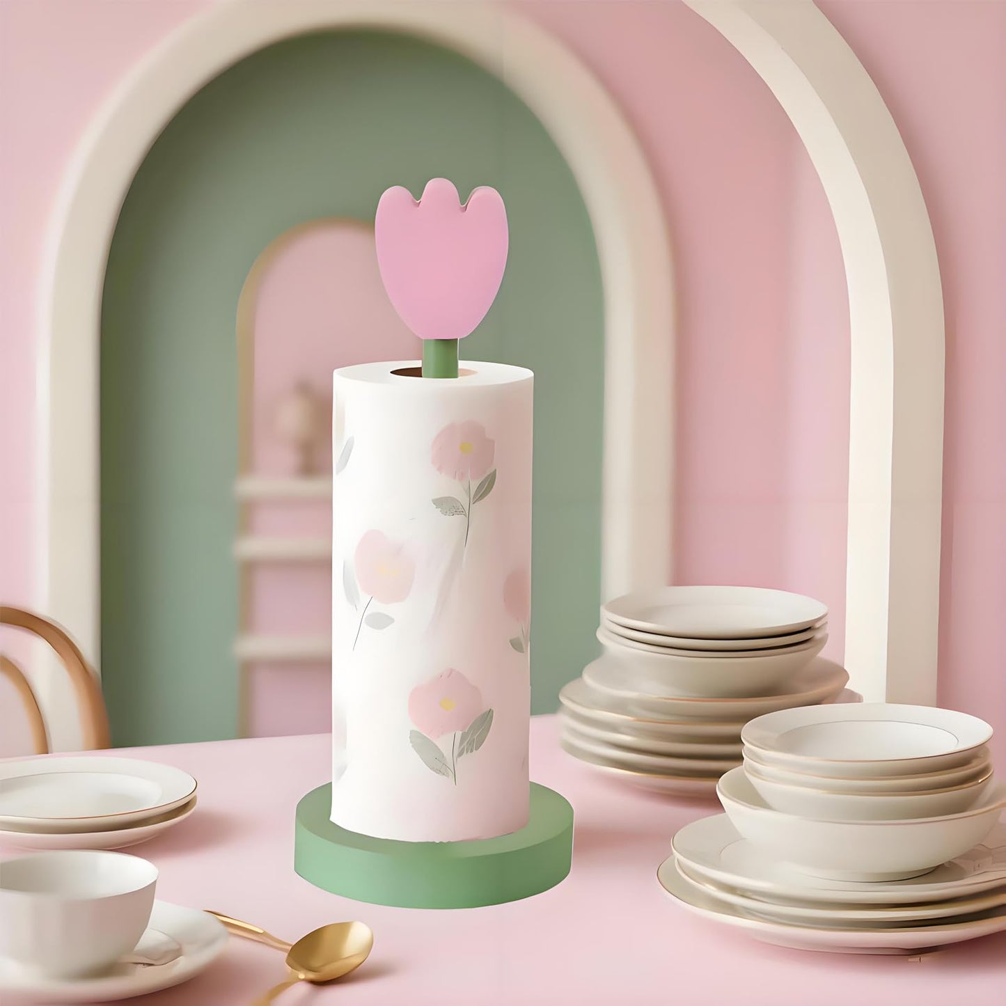 Paper Towel Holder Countertop, Cute Decorative Wooden Standing Paper Towel Roll Holder for Kitchen Bathroom, Bars & Dining Tables (Pink Flowers)