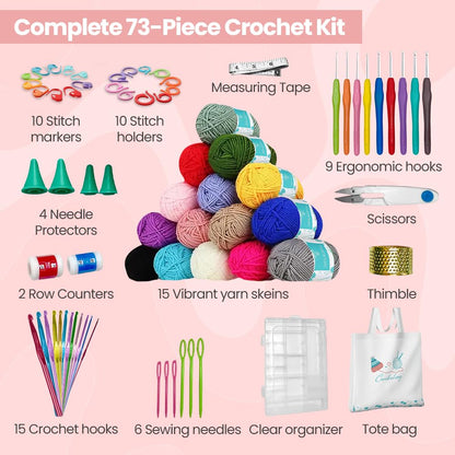 Starter Crochet Kit for Beginners Adults – 73PCS Complete Learn to Crochet Set with Yarn, Ergonomic Hooks & Accessories, Easy DIY Crochet Starter Kit, Craft Gift for Women, Teens & Adults