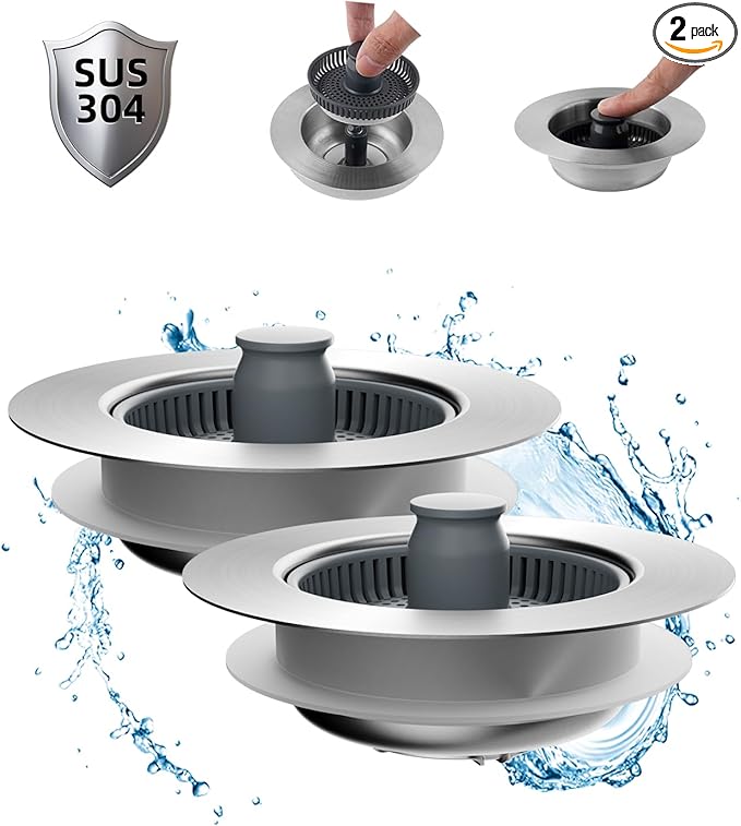 Hibbent 2 Pack Upgraded 3 in 1 Kitchen Sink Drain Strainer and Stopper Combo
