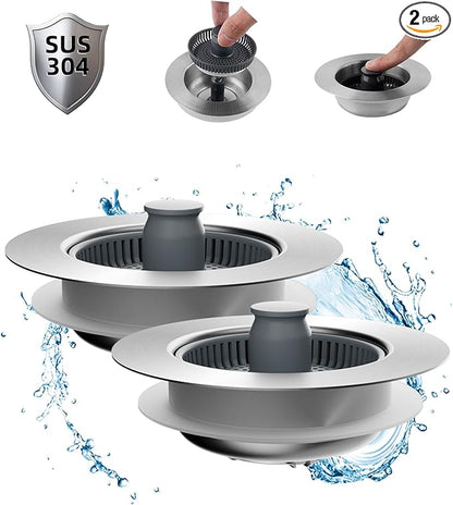 Hibbent 2 Pack Upgraded 3 in 1 Kitchen Sink Drain Strainer and Stopper Combo