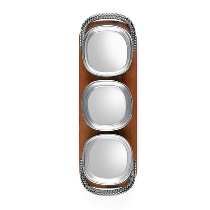 Nambe Braid Condiment Trio, Designed by Sean O’Hara – Square Alloy Bowls with Acacia Wood Serving Tray & Chrome Handles – Appetizer, Dip & Snack Server, Modern Scandinavian Design