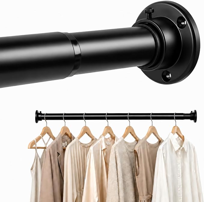 Closet Rod Adjustable 17 to 68 Inch, 1-1/4” Diameter, Closet Rods for Hanging Clothes, Stepless Metal Heavy Duty Hanging Rod for Closet Wardrobes Laundry RV (Black)