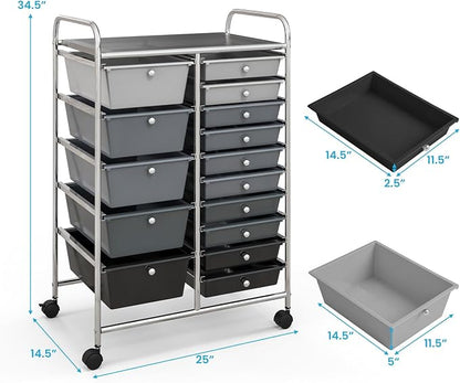 Giantex 15 Drawers Rolling Cart, Classroom Organizers, Storage Cart with Wheels, for Teacher Office Home School Supplies Tool Craft Art Paper