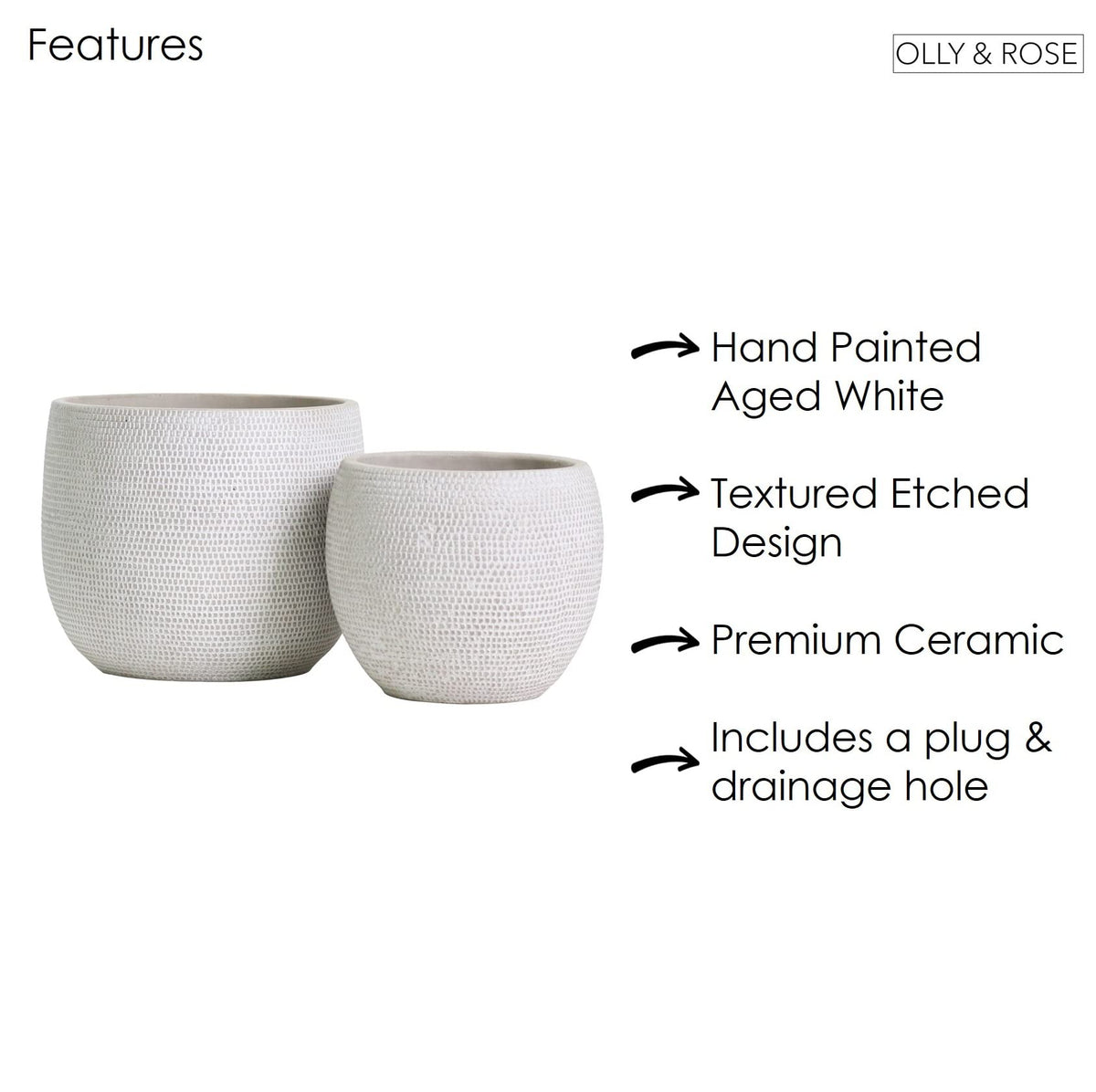 Olly & Rose Barcelona Ceramic Plant Pot Set 2 - White Flower Pots - Indoor & Outdoor Planters (White)