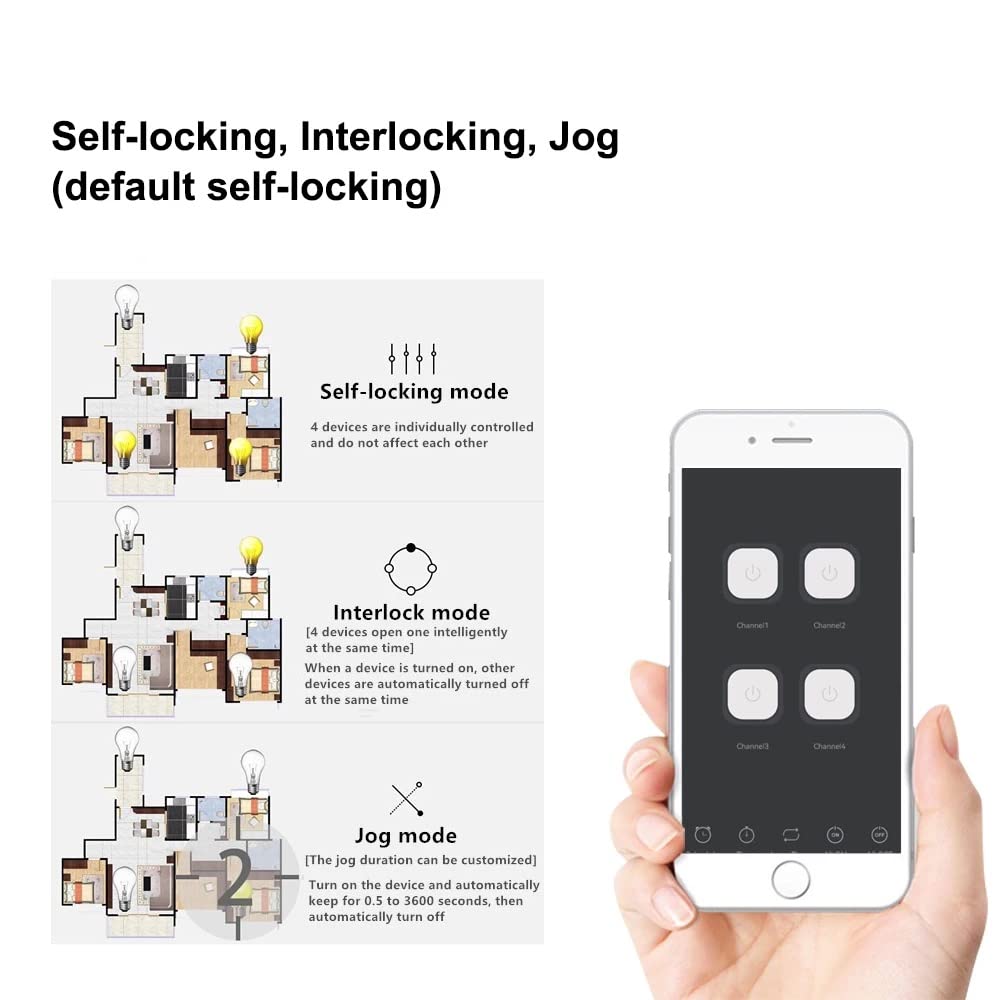 MHCOZY WiFi Wireless Smart Self-Lock Momentary Interlock Relay Switch,DIY WiFi App Bluetooth Remote Garage Door Opener Controller (4ch)