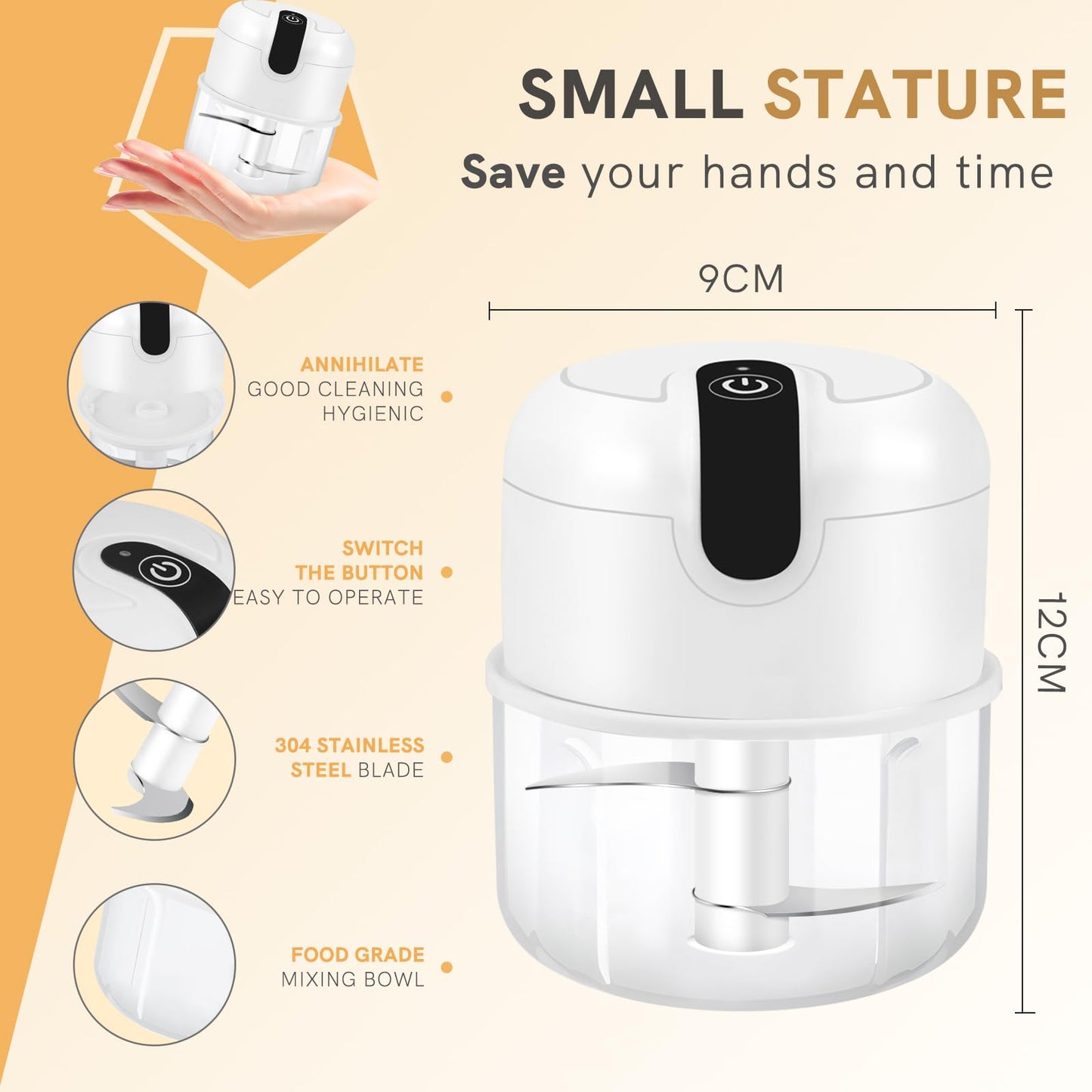 EASYSPEED Electric Garlic Chopper 1Cup, Mini USB Charging Wireless Food Processor with 304 Stainless Steel, 2 Sharp Blades, Portable Kitchen Meat Grinder for Onion, Garlic, Ginger, Baby Food