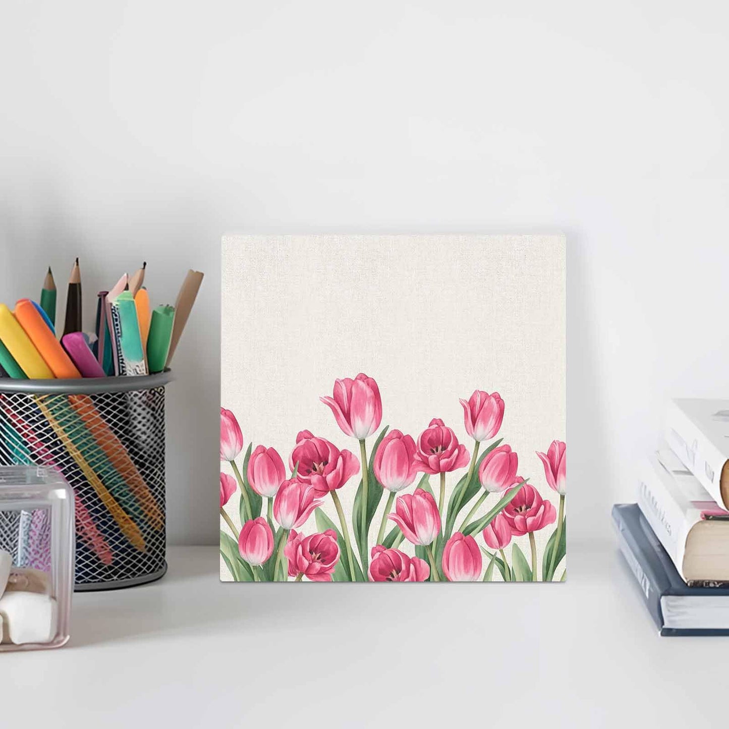 Wood Box Sign Desk Decor Rustic Spring Tulips Linen Texture Square Boxes Sign, Farmhouse Pink Flower Wooden Block Box Sign Decoration for Home Wall Tabletop Shelf Office Decor,6x6IN