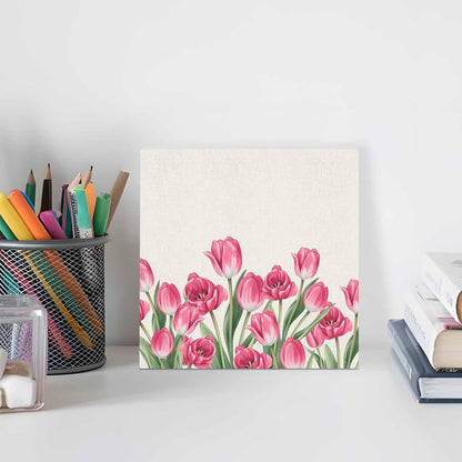 Wood Box Sign Desk Decor Rustic Spring Tulips Linen Texture Square Boxes Sign, Farmhouse Pink Flower Wooden Block Box Sign Decoration for Home Wall Tabletop Shelf Office Decor,6x6IN
