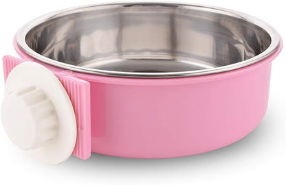 Crate Dog Bowl Removable Stainless Steel Water Food Feeder Bowls Cage Coop Cup for Cat Puppy Bird Pets (Large, Pink)