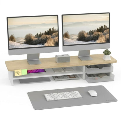 Fenge Dual Monitor Stand with Drawer & Desk Pad Bundle, 42.5 Inch 2-Tier Wood Monitor Riser & 23.6×13.8 Inch Double-Sided Waterproof Mouse Mat for Home Office