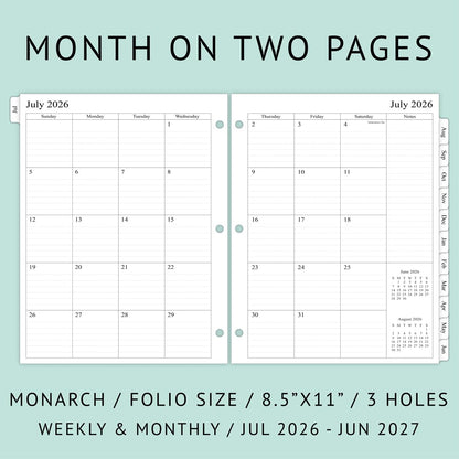 newestor 2026-2027 Weekly Planner Refills for 3-Ring Binder with Monthly Tabs, Jul 2026 - Jun 2027, 8-1/2" x 11", Folio Size 5 / Monarch