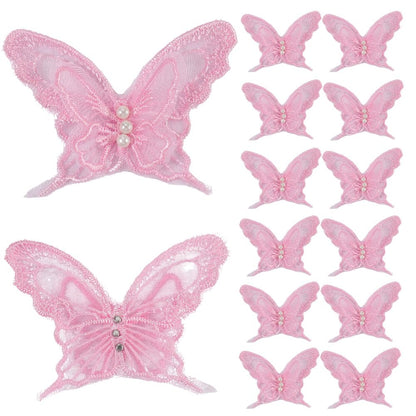CABODYALS 1 Box 30PCS Light Pink Butterfly Lace Applique Butterflies Repair Patches Sew Embroidery Organza Faux Pearl Beaded Polyester Appliques for Sewing Making Clothes Wedding DIY Craft Supply