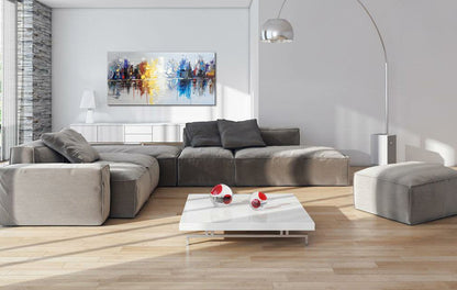 Hand Painted Cityscape Modern Oil Painting on Canvas Reflection Abstract Wall Art Decor (48 x 24 inch)