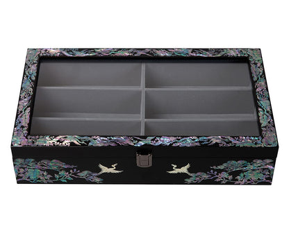 Antique Alive Mother of Pearl Wood Sunglasses Box Eyeglasses Valet Display Storage Case for Glasses, Watches, Jewelry, Trinkets Wooden Accessory Organizer Gift (Crane & Pine Glass Black)