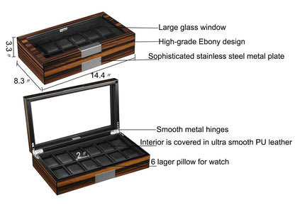 Lifomenz Co 12 Watch Box for Men Watch Display Case Wood Luxury Watch Box with Large Glass Window,Watch Organizer Box with Ultra Smooth PU Leather Interior