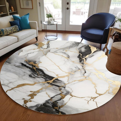 Unique Aesthetic Modern Abstract Black Grey Gold Marble Round Area Rug for Living Room Bedroom Guestroom Art Deco Luxury Circle Office Meetingroom Carpet Kitchen Nursery Playroom Floor Rug 6ft