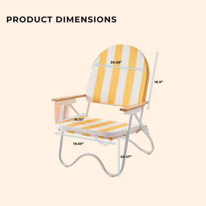 DEER LAND Padded Low Beach Chair, 4-Position Folding Outdoor Chair with Wooden Armrests, Cushioned Seat, Storage Pouch & Carry Strap for Beach, Patio and Lawn, Cala Serena Ochre Stripe