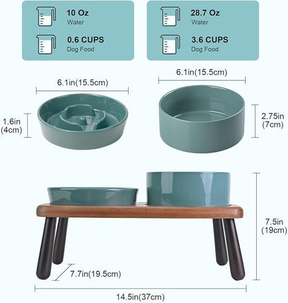 SPUNKYJUNKY Ceramic Elevated Dog Bowls with Slow Feeder Raised with Acacia Bamboo Wooden Stand, 6.1'' Dog and Cat Food Water Bowls Set Non-Slip for Small Medium Sized Breed - Dark Green