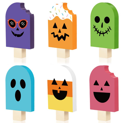Kathfly 6 Pcs Summer Halloween Table Decor Wooden Ice Cream Tiered Tray Decor Halloween in Summer Table Sign Spooky Cute Tabletop Centerpiece for Home Kitchen Shelf Display Desk Party Decoration Gift