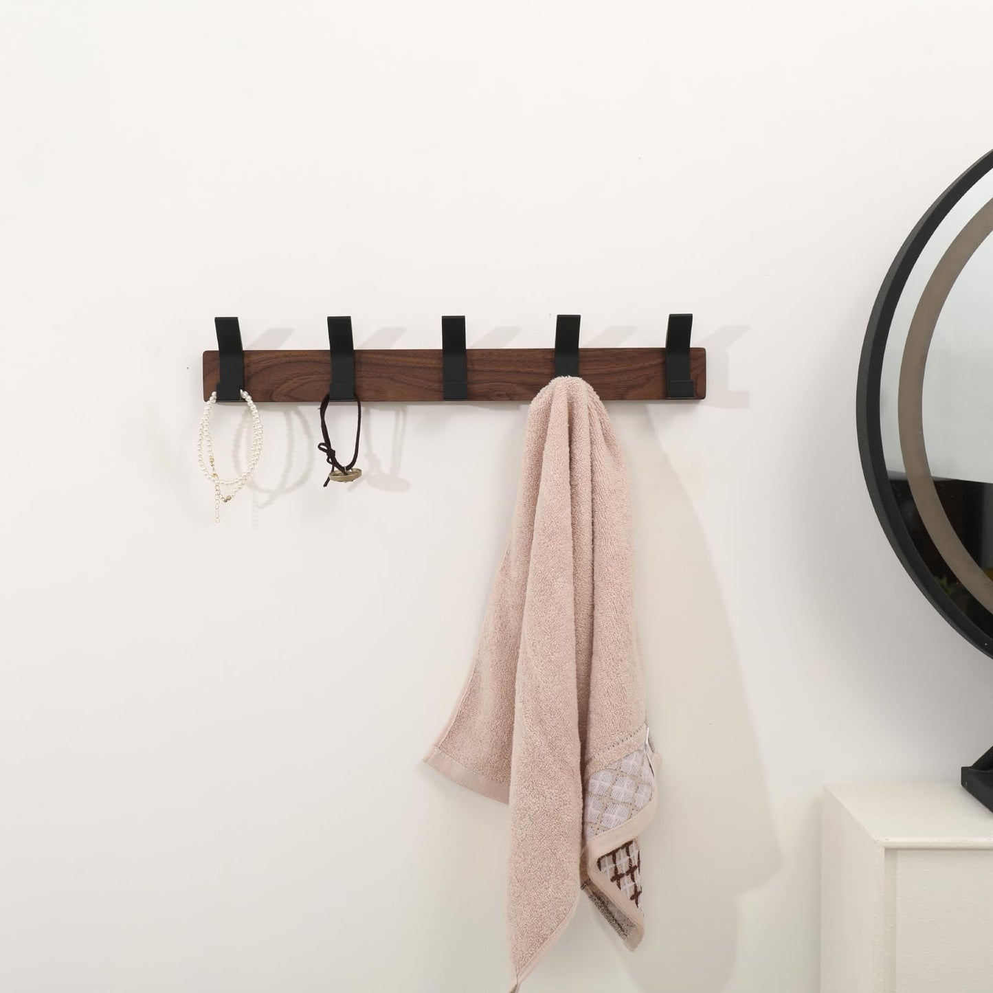 Jadorn Coat Rack Wall Mount - 16.9 Inches Coat Rack Wall Mount with 5 Hooks Walnut Wood Coat Hooks Wall Mounted Rustproof Coat Hanger Black Aluminum Wall Hooks for Hanging Coat Hat Backpack Key
