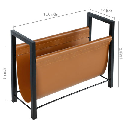 MyGift 15 Inch Modern Caramel Leatherette Magazine Holder with Rectangular Black Metal Frame, Floor Standing Faux Leather Book Storage Newspaper Rack, Home Bathroom Decor