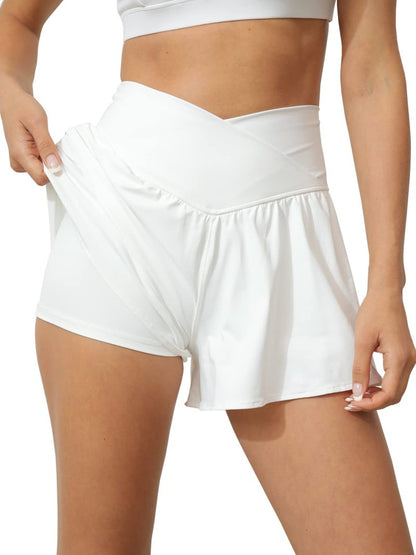 Tongmingyun Women Crossover Shorts Flowy Athletic Butterfly 2 in 1 Shorts with Pocket High Waist Running Workout Skorts White