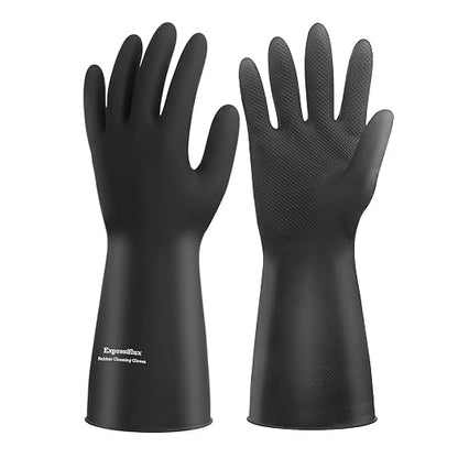 Heavy-Duty Thick Black Rubber Cleaning Gloves, 2 Pairs, L | Reusable & waterproof black/orange dual layers. Non-slip design for dishwashing, kitchen cleaning, and auto care.