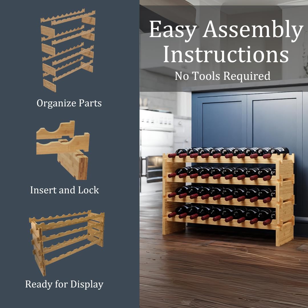 Wine Stack 36 Bottle Bamboo Stackable Freestanding Wine Rack, No Tools Assembly, Durable, Wine and Liquor Bottle Storage for Small Spaces