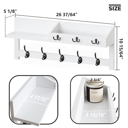 AMBIRD Wall Hooks with Shelf, 26.57 Inch Entryway Wood Coat Hooks for Wall, Coat Rack Wall Mount with 5 Dual Hooks 3 Key Hooks Mail Organizer and Key Rack Holder (White)