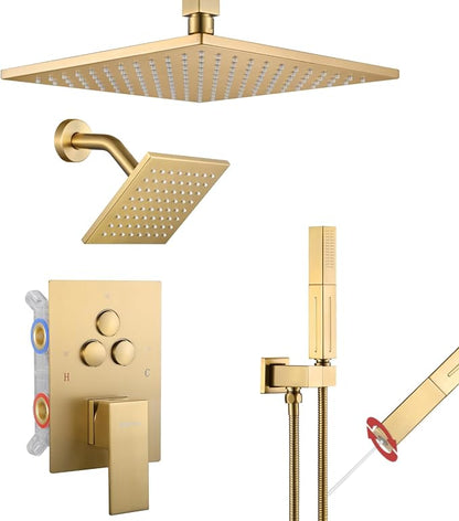 VANFOXLE Shower Faucet Set Brushed Gold Shower System, Push Button Diverter Shower Faucet with Trim Kit, Ceiling Mount 10 Inch Shower Head Increased Thick, 6 Inch Side Shower Head, 2-in-1 Handheld