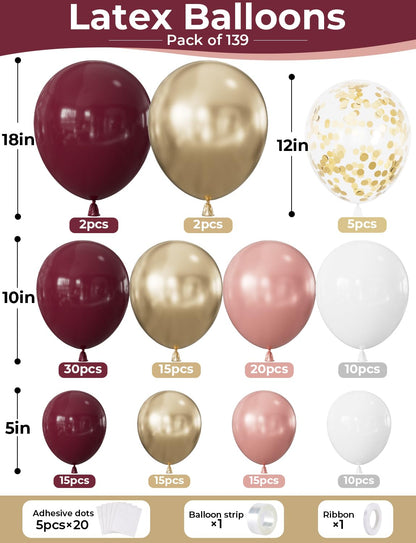 Adeyoo Burgundy Balloon Arch Kit, 139Pcs Balloon Garland Kit with Burgundy, Rose Gold, Gold and White Balloons and Confetti, Elegant Decoration for Wedding, Bridal Shower, Birthday, Bachelorette Party