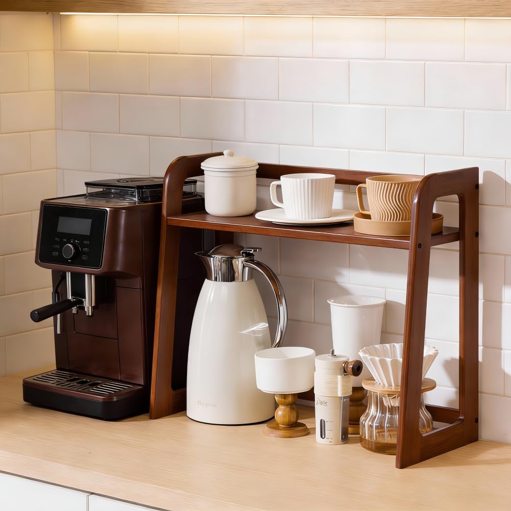 XIKEMADI Natural Bamboo Coffee Station Organizer, 2-Tier Wooden Kitchen Counter Shelf for Bar Accessories, Multi-Functional Countertop Storage Rack for Syrup Bottles & Coffee Essentials (Dark Brown)