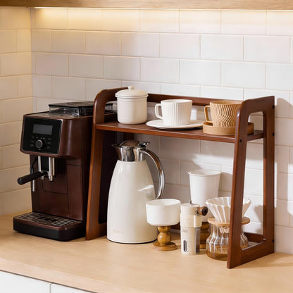 XIKEMADI Natural Bamboo Coffee Station Organizer, 2-Tier Wooden Kitchen Counter Shelf for Bar Accessories, Multi-Functional Countertop Storage Rack for Syrup Bottles & Coffee Essentials (Dark Brown)