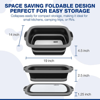 2-Pack XL Collapsible BBQ Prep Tub with Built-In Cutting Board, Lid & Strainer – Marinate, Drain & Prep – Large Food-Safe Container – Perfect for Grilling, Smoking & Outdoor Cooking