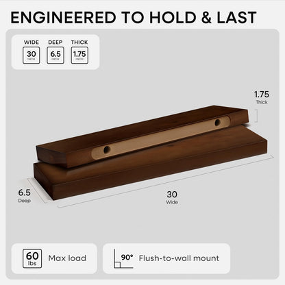 Homeforia 30inch Walnut Floating Shelves for Wall Mounted, High End Solid Real Wood 30 in Floating Shelf, Dark Brown Wooden 30 inch Long Floating Shelves, Heavy Duty Bracket, 30 X 6.5 X 1.75, Set of 2