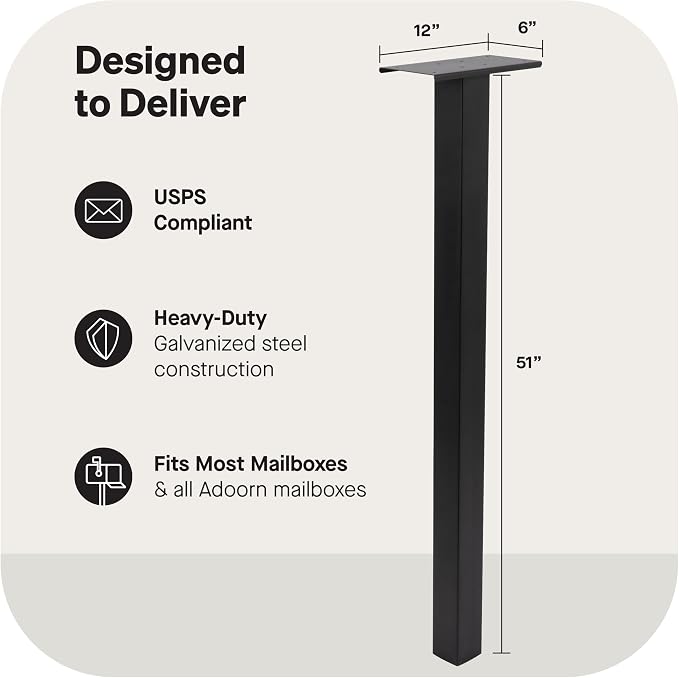 adoorn 51” Mailbox Post - In Ground Mailbox Posts for Outside, Heavy Duty Metal Mailbox Post for Use with Post Mount Mailbox - Black