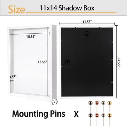 11x14 Shadow Box Frame | Soft Linen Back & Push Pins Included, Polystyrene Glass Memory Display Case for Flowers, Tickets & Cherished 3D Items, White