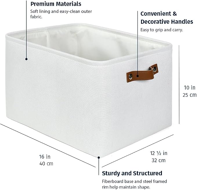 OrganiHaus 16x12.5in Canvas Storage Baskets 3 Pack | EXTRA LARGE Fabric Bins for Shelves | Linen Closet Organizer | Full Off-White