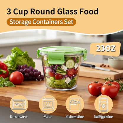 3 Cup Round Glass Food Containers With Airtight Lids, BPA-Free 23oz Round Glass Soup Storage Container Set,Food bowls for Leftover, Microwave, Dishwasher, Fridge and Freezer Safe