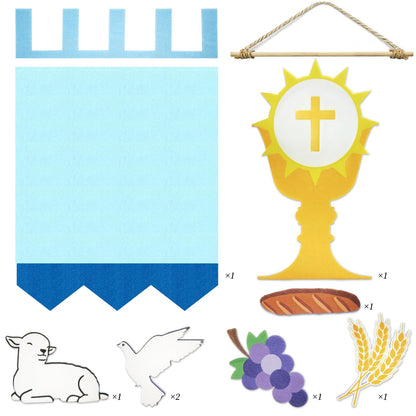 Zaruatu First Communion Banner Kit 11 x 15.74 Inch First Holy Communion Banner Kits Felt DIY Decor Set Include White Dove Communions Cup Lamb Grape Skewers for Church Sunday School (Blue)