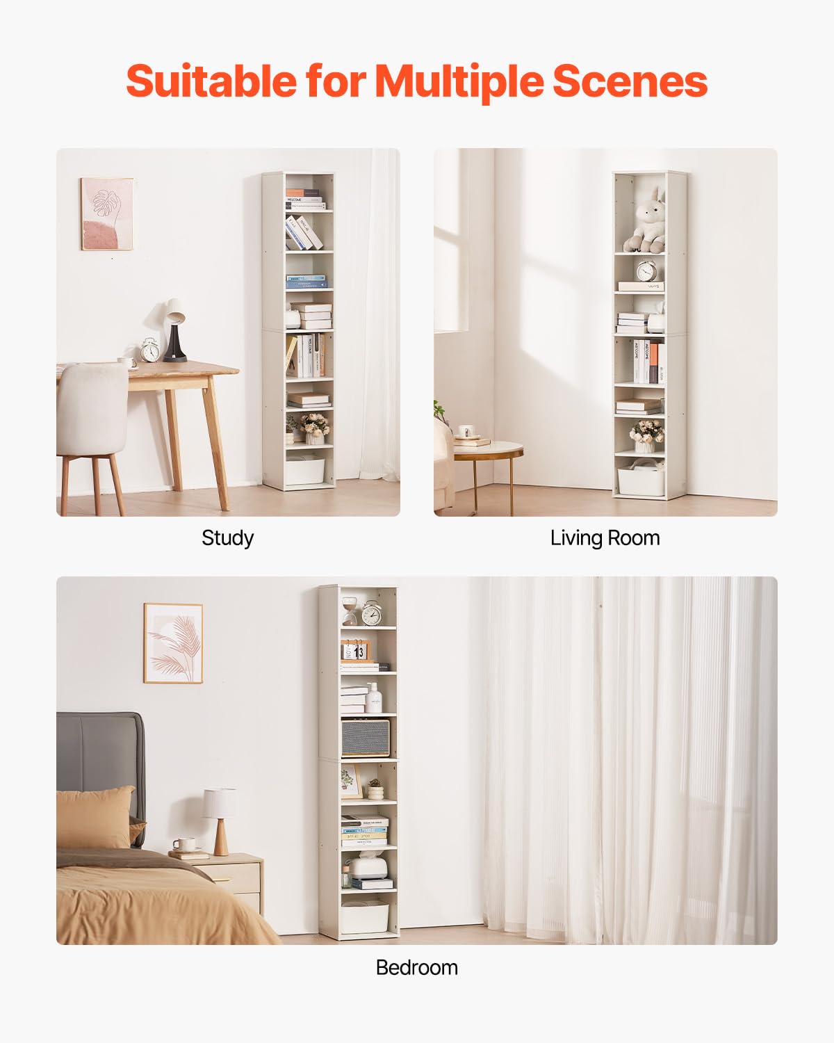 VEVOR 8 Tiers Narrow Bookshelf, 71 in Wooden Tall Open Bookcase with Height-Adjustable Shelf, Freestanding Display Storage Floor Bookcase Bookshelf for Library, Bedroom, Living Room, Office, White