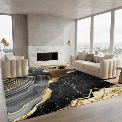 Black Gray Gold Cracked Marble Texture Area Rug 5x7 Modern Abstract Aesthetic Art Deco Machine Washable Rugs for Living Room Bedroom Guestroom Luxury Home Office Meetingroom Indoor Carpet Floor Mat