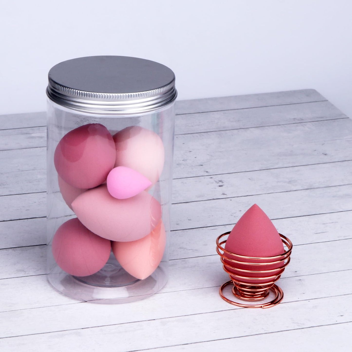 8Pcs Makeup Sponges Set- 7Pcs Beauty Sponge Blenders and 1 Bottle 1 Holder for Blending Foundation, Cream and Powder (Pink, Metal Holder-Can Packaging)