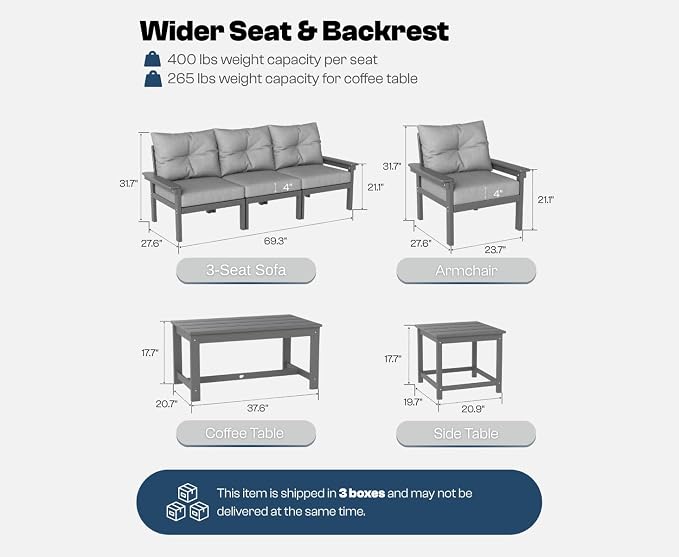 HDPE Outdoor Patio Furniture Set, 10-Piece Patio Conversation Set with 3-Seat Sofa, 4 Armchairs, 2 Side Tables & 1 Coffee Table, All-Weather Outdoor Sofa Set for Deck, Porch, Garden (Grey Frame)