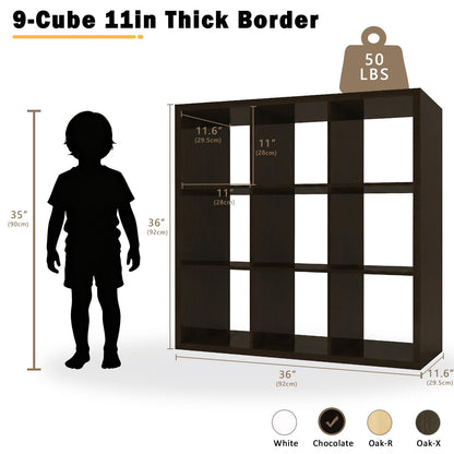 Endearing Limons【2026 Wooden Thick Border 9 Cube Shelf Storage Organizer with Anti-Tipping Kits + Reversible Open Back Bookcase (11 x 11 Unit Cell Chocolate)