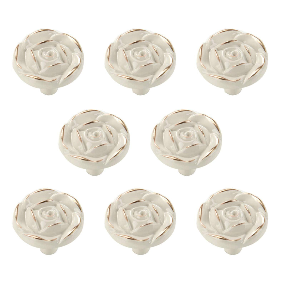 Antique Rose Flower Cabinet Knobs, Vintage Kitchen Shabby Chic Zinc Alloy White Drawer Pull Handles for Dresser Vanity Nightstand Cupboard Wardrobe, 8 Pack (Golden Line)