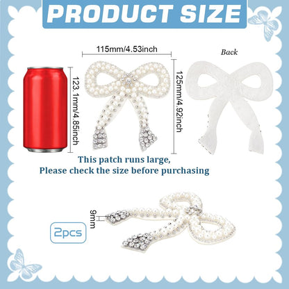 FINGERINSPIRE 2 Pcs Bowknot Rhinestone Patch 4.9x4.5inch Bow Tie Beading Appliques White Imitation Pearl Decorative Patch Repair Felt Sew on Applique for Clothing Repair