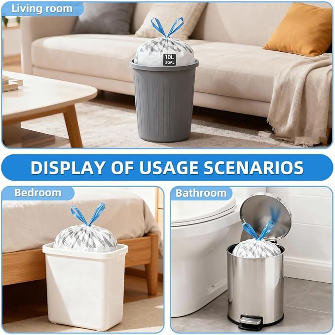 XUXRUS Small Trash Bags 3 Gallon Drawstring, Strong & Durable, Easy-Dispense