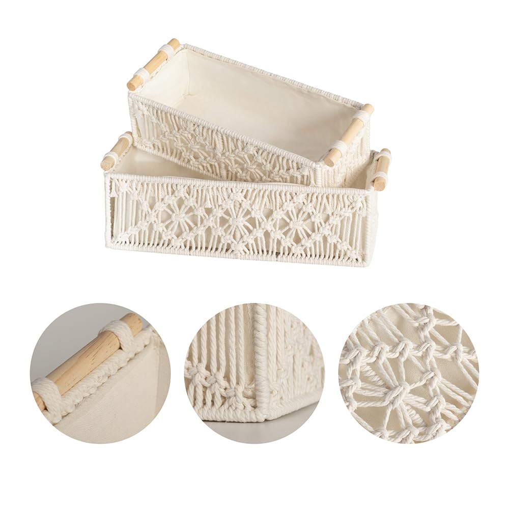WINDAWNKE 2 Pack Macrame Storage Baskets Boho Decor Style Storage Boxes, Toilet Paper Basket with Wood Handles for Home Bedroom Decor (Rhombus)